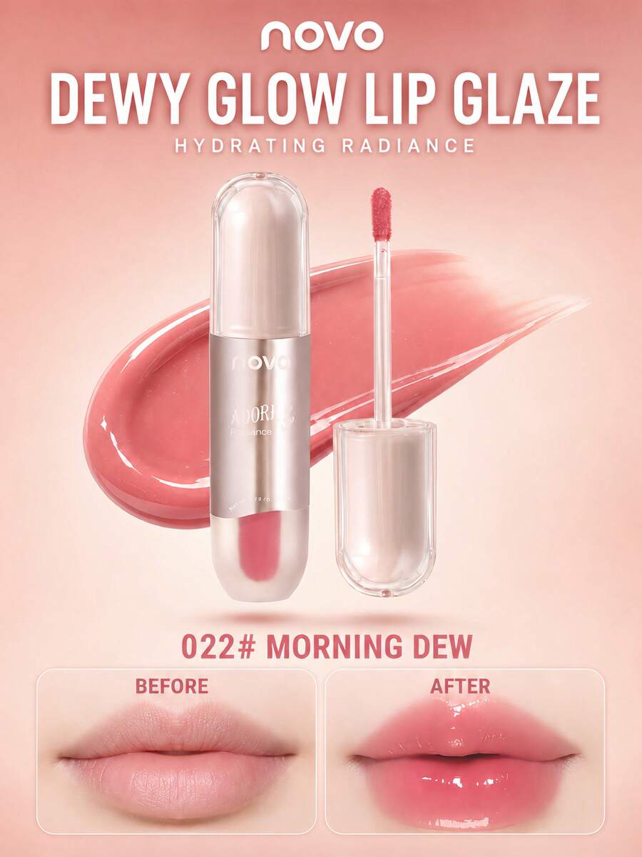 NOVO Water-Gloss Transparent Lip Glaze, High-Shine Mirror Finish, Comfortable Moisturizing Formula, Long-Lasting, Enhances Lip Color, Suitable For Girls' Daily Light Makeup, Romantic Dates And Party Looks - 022#Morning Glow - View 1