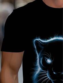 Men's Plus Size Short Sleeve T-Shirt With Light Blue Leopard Print - Casual Short Sleeve Party Clothing - Washable Print - 黑色 - 查看 4