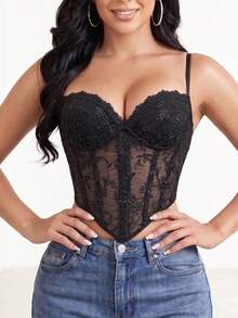 1pc Floral Lace Mesh Corset Style Spaghetti Strap Crop Top, Full Bust Support, Lace Corset, Suitable For Nightclub Outfits - Black - View 4