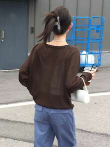 Deep V-Neck Button Long Sleeve Knit Sweater - Brown - View 4