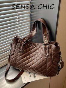 Classic Quilted Embossed Decor Durable Multi-Compartment Zipper Closure Relaxed Vintage Tote Bag, Professional Outdoor Travel Bag, Handheld Shoulder Crossbody Bag, Elegant Texture Women's Bag - Coffee - View 4