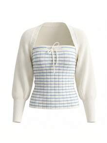 Korean Style Contrast Stripe Bandeau Top & Knitted Cardigan 2pcs Set, Slim Fit Flattering Top Outfit For Women, Autumn/Winter - White - View 7