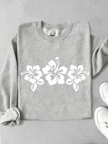 Women's Cream Long Sleeve Sweatshirt, Black Hibiscus Flower Graphic Print, Tropical Hawaiian Style Pullover Top, Casual Streetwear Fashion - Grey - View 3