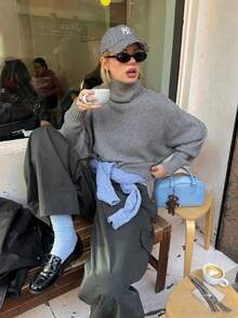 Women's Autumn Elegant Casual Gray Turtleneck Drop Shoulder Long Sleeve Cropped Knit Sweater, Suitable For Daily Wear Fall - Grey - View 6