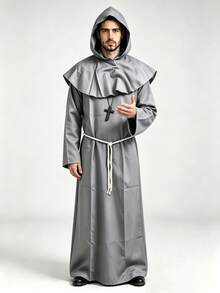 1 Set Men's Halloween Cosplay Medieval Cloak Monk Robe Wizard Priest Gown With Hood, Waist Rope & Necklace - Grey - View 5