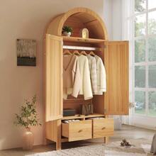 Wardrobe 181x78x45 Cm With Rattan Weave, Country Style In Oak Finish, Open Semi-Circular Shelf, 2 Doors With Magnetic Closure, 2 Drawers, Clothes Rail And Tip-Over Protection - 駝色 - 查看 3