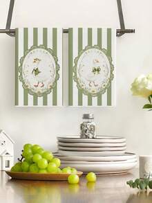 2 buah Handuk Dapur, Kain Pembersih Motif Bebek Bergaris Hijau, Handuk Tangan Poliester, Kain Lap Piring Tenun Super Lembut, Dapat Dicuci dengan Mesin, Ideal untuk Hadiah Liburan & Dekorasi Rumah. - MultiWarna - View 2
