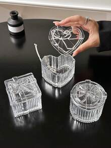 1pc Bowknot Heart-Shaped Glass Jewelry Box, Transparent Jewelry Jar With Bowknot Embossed Decoration, Home Glass Storage Box Decorative Ornament - Transparent - View 2