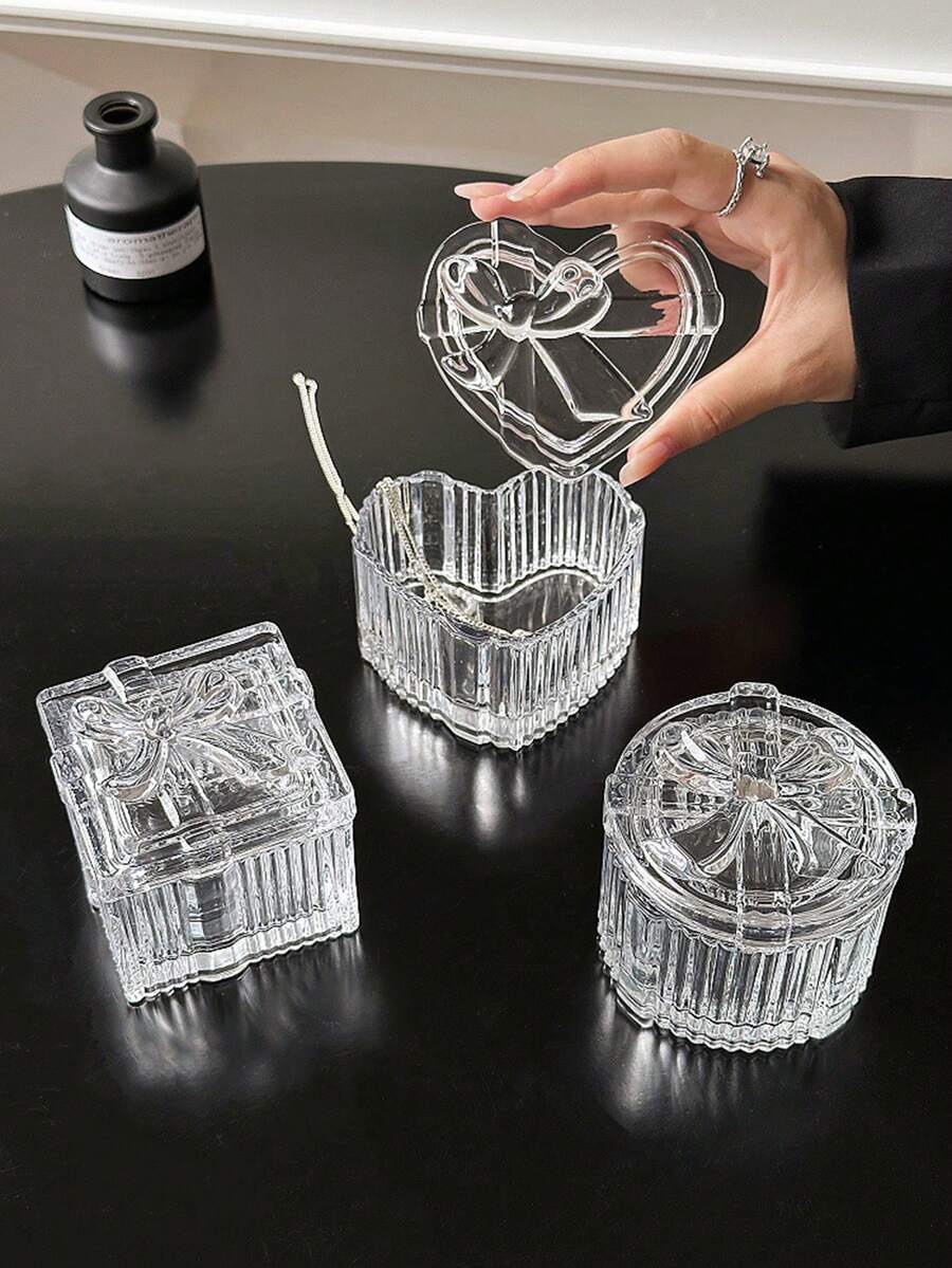 1pc Bowknot Heart-Shaped Glass Jewelry Box, Transparent Jewelry Jar With Bowknot Embossed Decoration, Home Glass Storage Box Decorative Ornament