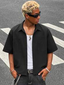 HOMIIE Men Black Short Sleeve Button Down Shirt, Lapel Collar Dual Chest Pockets Loose Cropped Top, Streetwear Back To School Outfit - Black - View 4