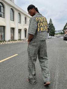 HOMIIE Men's 2 Pieces Set, Grey Plaid Zipper Short Sleeve Cropped Shirt And Elastic Waist Wide Leg Pants, Back Letter Print Streetwear Back To School Outfit - Grey - View 8