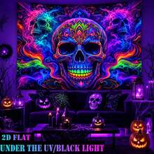 2D Flat, One-Piece QD_VIVIOS UV Fluorescent Reactive Tapestry, Suitable For Halloween, Featuring Skull And Mandala Patterns, A UV Blacklight Wall Hanging That Glows Under Ultraviolet Light - Multicolor - View 5