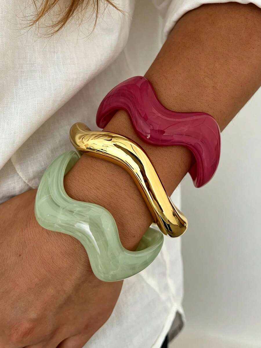 3/1pc Vintage Minimalist Casual Style Women's Wavy Shape Acrylic And CCB Material Colorful Open Ring Bracelet, Suitable For Daily Wear, Stackable, Perfect Gift For Holidays - Multicolor - View 1