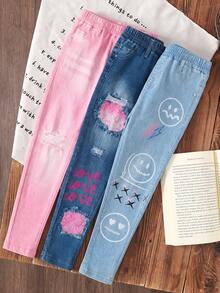 3pcs Young Girl Denim Print Slim Fit Pants Set - Pink - View 2