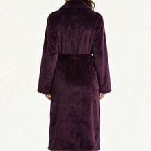 Women's Autumn/Winter Thick Coral Fleece Bathrobe, Long Design, Lapel Collar With Waist Tie, Soft And Warm, With Pockets, Suitable For Home Use As Morning Robe Or Bathrobe - Purple - View 7