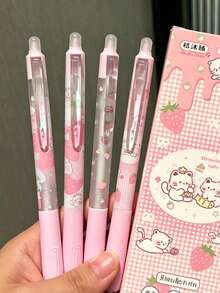 4pcs Strawberry Cat Retractable Erasable Blue Ink Pens, INS Style Student Erasable Blue Neutral Pens - Blue - View 8