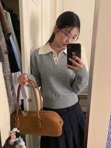 Women's Colorblock Elegant Niche Design Knit Sweater With Turn-Down Collar, Soft Style Base Layer Top, Autumn/Winter - Grey - View 2
