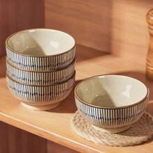 2/4pcs 4.5inch Thickened Ceramic Bowls, Blue Striped Design, Rice Bowl, Dessert Bowl, Soup Bowl, Noodle Bowl, Underglaze Design, Microwave , Suitable For Daily Use, Restaurant, Housewarming Gift - Multicolor - View 4