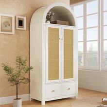 Wardrobe 181x78x45 Cm With Rattan Weave, Country Style In Oak Finish, Open Semi-Circular Shelf, 2 Doors With Magnetic Closure, 2 Drawers, Clothes Rail And Tip-Over Protection - 白色 - 查看 6