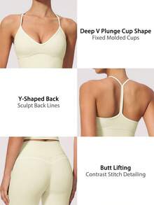 NcmRyu Women's One Set Contrast Color White Line Spaghetti Strap V-Neck Y-Back Tank Top And Butt-Lifting Mid-Length Shorts Sports Outfit - Apricot - View 5