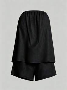 女士夏季纯色无肩带抹胸上衣+短裤套装，黑色优雅休闲女装套装 - 黑色 - 查看 6