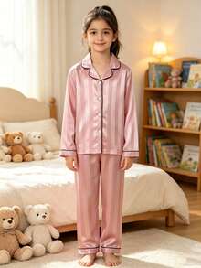 Big Girls Pink Vertical Striped Satin Front Button Long Sleeve Pajama Set, 2-Piece Lapel Top And Pants, Soft Autumn/Winter Loungewear - Pink - View 2