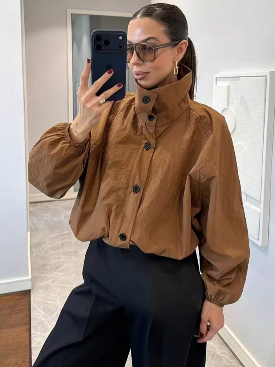 Street Style Solid Color Design Loose Fit Slimming Long Sleeve Bomber Jacket - Khaki - View 1