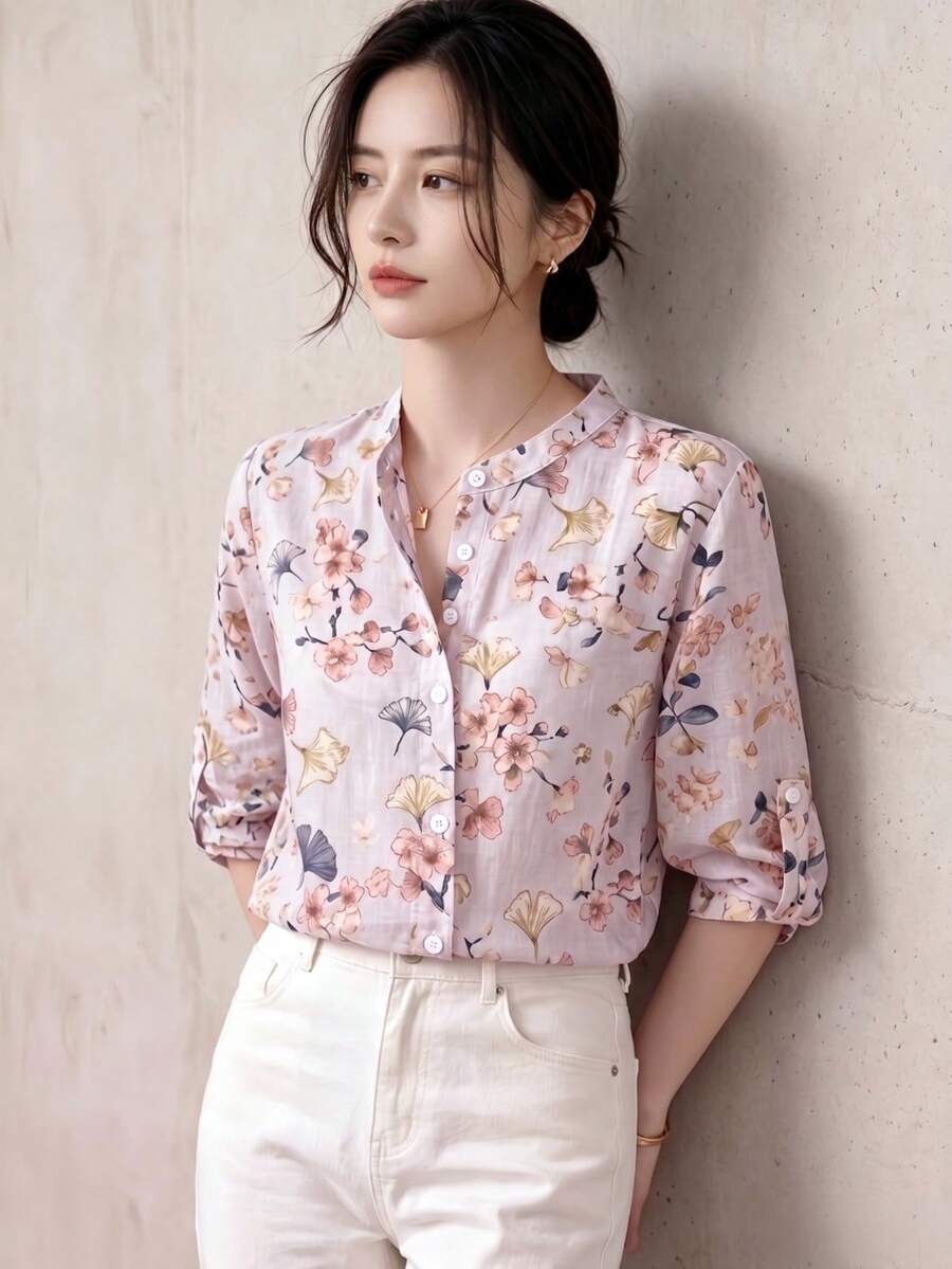 YUXIN 女款粉色水彩花卉印花立領七分袖上衣，透氣混紡面料捲袖口修身版型，適合春夏辦公與度假