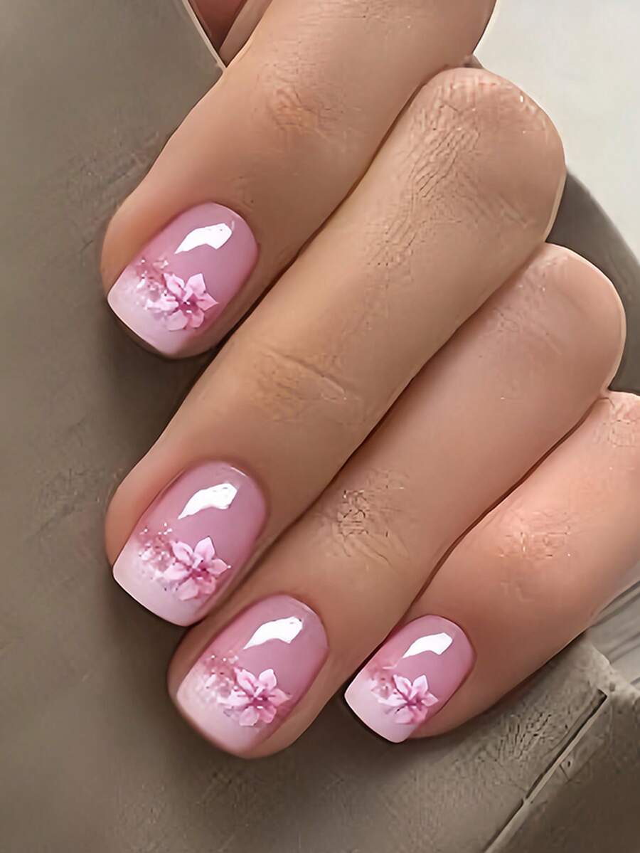 24pcs Medium Square Nail Sticker Set, Elegant Floral Pattern, Shiny Pink & White, French Countryside Style, Full Coverage Design. Nail Sticker Set Includes 1 Adhesive Sticker Sheet And 1 Mini Nail File, Suitable For Women And Girls For Daily Wear And Office Occasions. Includes Jelly Gel, Random Color Delivery. Press On Nails - Baby Pink - View 1