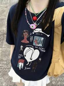 女款寬鬆版型圓領短袖字母與花卉印花T恤，春/夏休閒款 - 深藍 - 查看 2