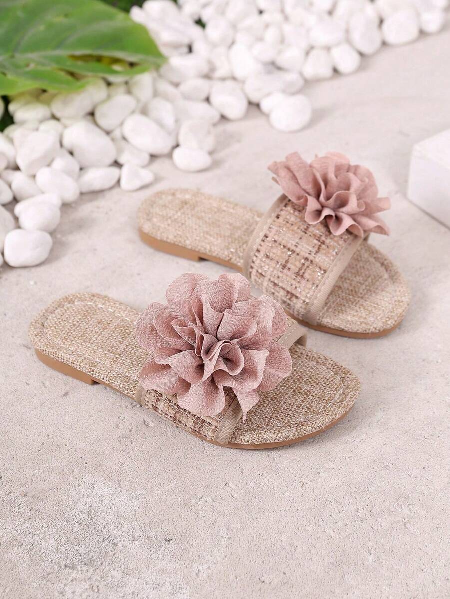 1 Pasang Sandal Selop Kasual Lembut Serbaguna Motif Bunga Kain, Cocok untuk Musim Panas dan Musim Gugur - Baby Pink - View 1