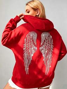 Women's Oversized Angel Wings Print Hoodie - Black Y2K Back Graphic Pullover,  Fall Winter  Streetwear , Comfy Oversized Silhouette2026 - 紅色 - 查看 2