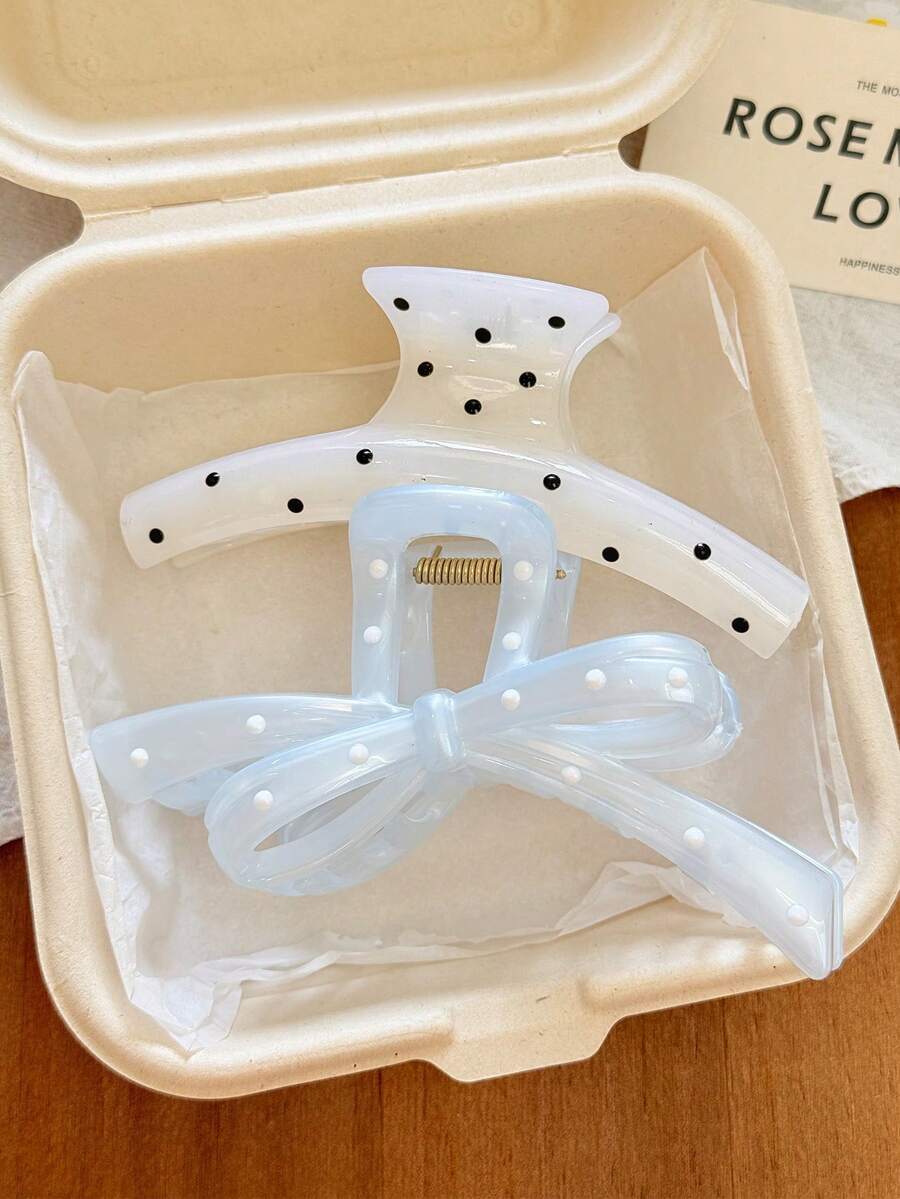 2件組女款13cm/5.12in藍色蝴蝶結波點與白色波點直髮夾組合抓夾，時尚後腦髮抓夾髮飾，百搭優雅簡約，適合日常、休閒、派對、海灘、度假、髮型設計、洗臉/洗髮、化妝、衣著配件，春季髮抓夾、夏季髮抓夾、秋季髮抓夾、冬季髮抓夾