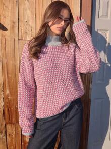 Pullover Rajut Gradien Geometris Wanita, Sweater Lengan Panjang Nyaman untuk Musim Gugur dan Musim Dingin, Kain Lembut untuk Pakaian Kasual Sehari-hari, Kembali ke Sekolah, Halloween - Grey - View 3
