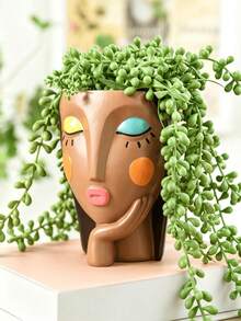 抽象波希米亞風女性臉孔樹脂花盆，祈禱與休息女孩頭像花盆，創意人臉花瓶，室內/室外多肉植物盆栽，居家桌面裝飾擺件（無需用電） - C - 查看 3