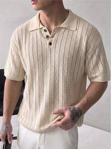 Spring/Summer Men's Unisex Polo Collar Short Sleeve Knit Top Hollow Out Casual Loose Business Commute Half-Open Placket Pullover T-Shirt - Apricot - View 2