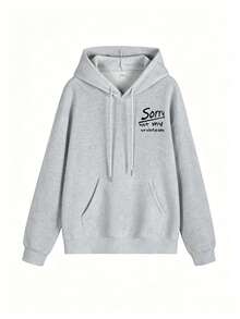 Women's Street Style Hooded Sweatshirt, Relaxed Fit Back Slogan Print Long Sleeve Pullover - Grey - View 4