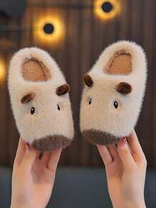 1 Pair Kids Fuzzy Slippers Winter Capybara Design, Suitable For Boys And Girls, New Cute Full-Coverage Baby Plush House Shoes - Beige - View 4