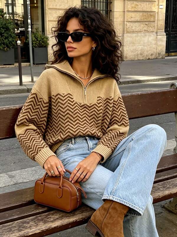 Autumn/Winter New Rectangular Zipper Women's Wavy Striped Base Layer Top, Fashionable High-End Minimalist Pullover, Versatile Slouchy Loose Sweater For Women