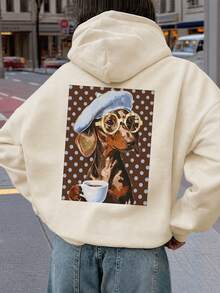 1pc Women's Cream Loose Hooded Sweatshirt, Drawstring Pocket Long Sleeve, Back Spotted Dachshund Coffee Polka Dot Pattern Sweatshirt - Apricot - View 5