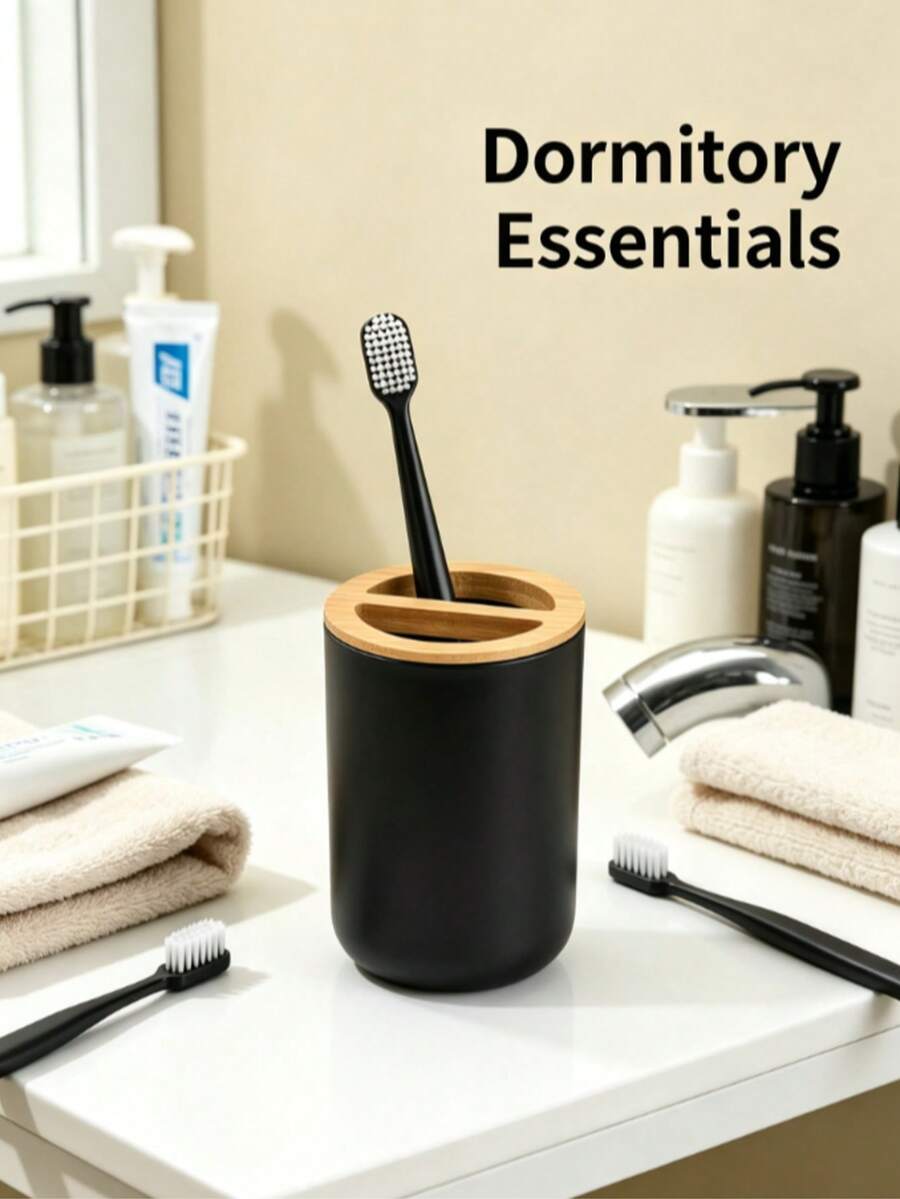 This Innovatively Designed Black Toothbrush Cup With Lid Is Made Of Durable Plastic, Perfect For Storing Oral Care Products. It Can Also Be Used As A Household Item, Toothbrush Holder, Home Decor, Storage Box, And Bathroom Personal Care Accessory. - Multicolor - View 1