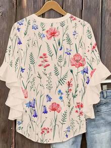 Plus Size Printed Shirt, Layered Ruffle Short Sleeve, Round Neck Design, Bohemian Style Spring Regular Fit Women's Top Vacation Summer - Apricot - View 3