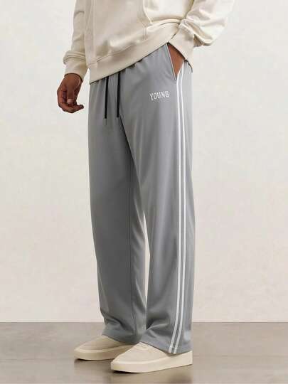 Men's All-Season Casual Sports Long Pants, Drawstring Waist + Straight Leg Opening And Side 3D Line Design