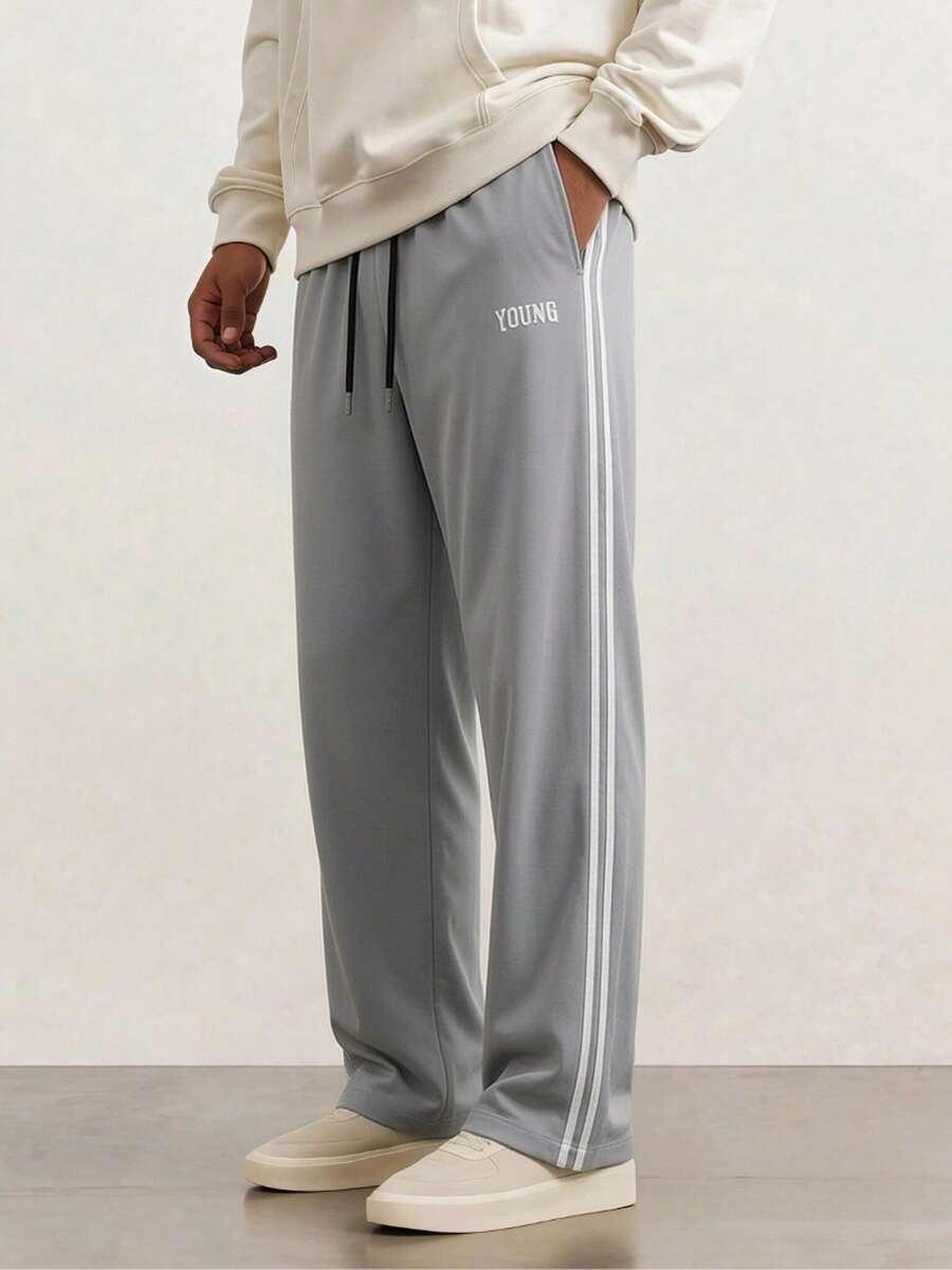 Men's All-Season Casual Sports Long Pants, Drawstring Waist + Straight Leg Opening And Side 3D Line Design Fall - Light Grey - View 1