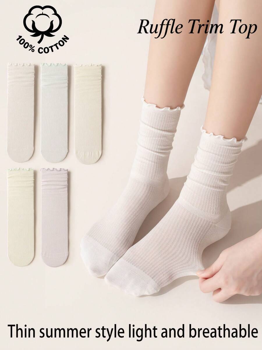 1/5/20/30 Pairs 100% Cotton Women's Crew Socks, Summer Thin Mesh Breathable Ruffle Trim Casual Socks, Lightweight Pastel Color Socks For Daily Wear - Multicolor - View 1