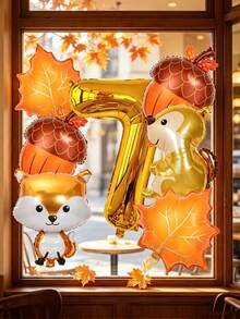Set Of 8 Gold Balloons Featuring Numbers, Foxes, Squirrels, Acorns, And Maple Leaves-Perfect For Birthday Decorations, Woodland-Themed Parties, Fall Harvest Parties, Thanksgiving, Baby Showers, And Autumn Outdoor Picnics. - View 8