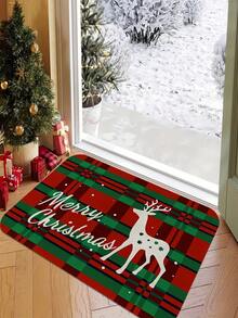 Christmas Welcome Mat, Festive Red & Green Plaid Design | Machine Washable Crystal Velvet Rug, Perfect For Entryway, Living Room, Bedroom, Kitchen, Hallway, Office | Christmas Decor Door Mat, Deer Christmas Decor Rug - A - View 5