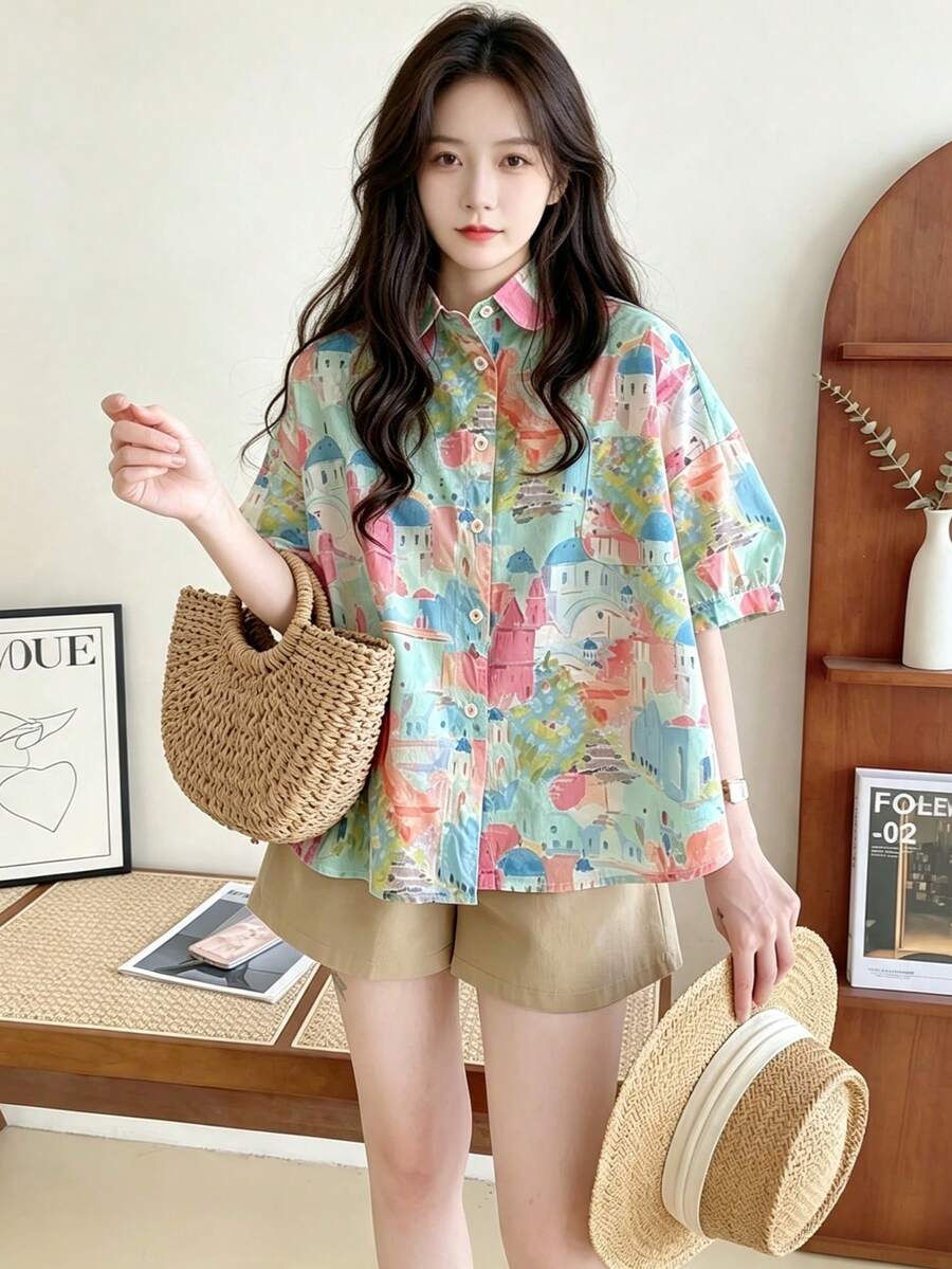 YUXIN 春夏熱銷女款彩色城堡印花短袖襯衫，寬鬆版型翻領，透氣舒適，適合日常穿著與度假，百搭