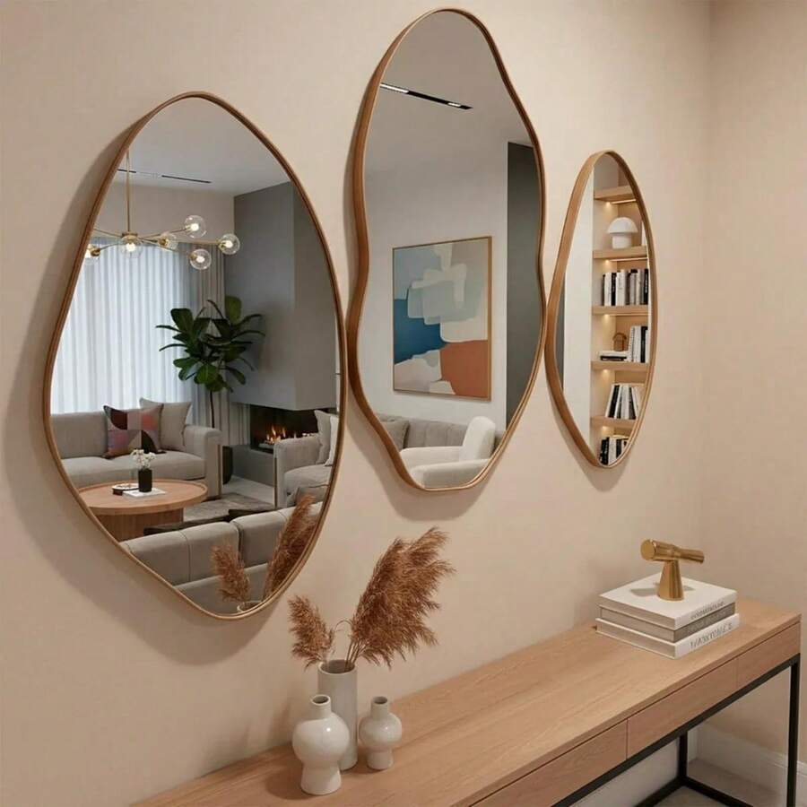 Kit 3 Espelhos Decorativos Orgânicos com Moldura em Couro Caramelo – Moldura Premium Para Sala Quarto Hall Cozinha - 3pcs - Visão 1