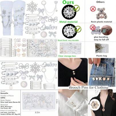 Shoe Charms For Sneakers, Junk Socks Charms Kit Safety Pins Pearl And Rhinestone Sock Charm With Safety Pins, DIY Accessories For Decorating And Personalizing Socks Shoes Hats